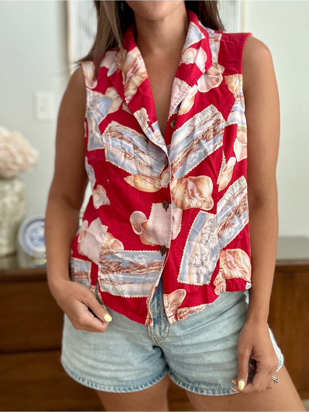 Vintage Jamaica Bay Tropical Post card sleeveless button up blouse -Y2K coastal